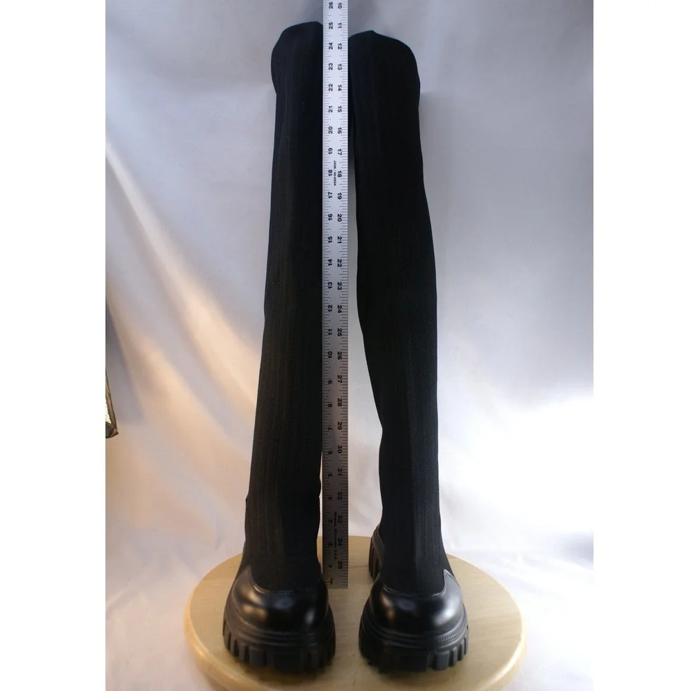 Cincoo Womens Black Ribbed Knit Over The Knee Lug Sole Platform Boots Size 6.5